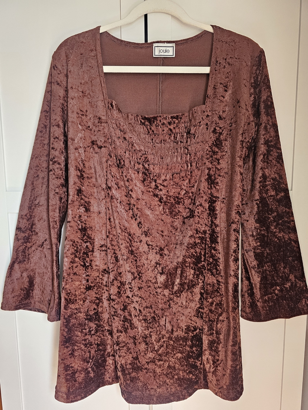 Vintage 90s Joule Crushed Velvet Mini Dress Square Neck Bell Sleeve Dark Brown M